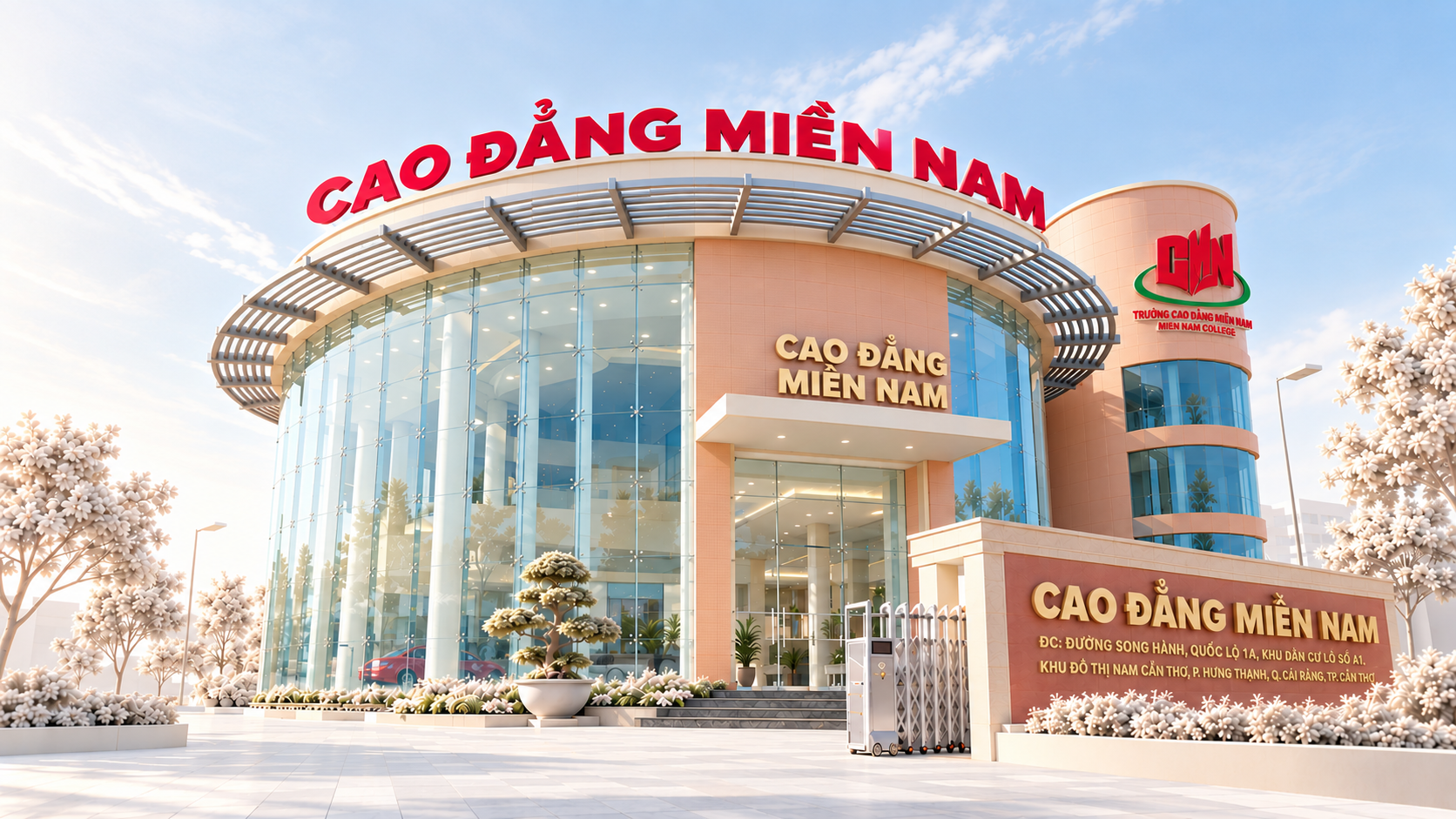 Tòa nhà với biển hiệu Cao đẳng Miền Nam