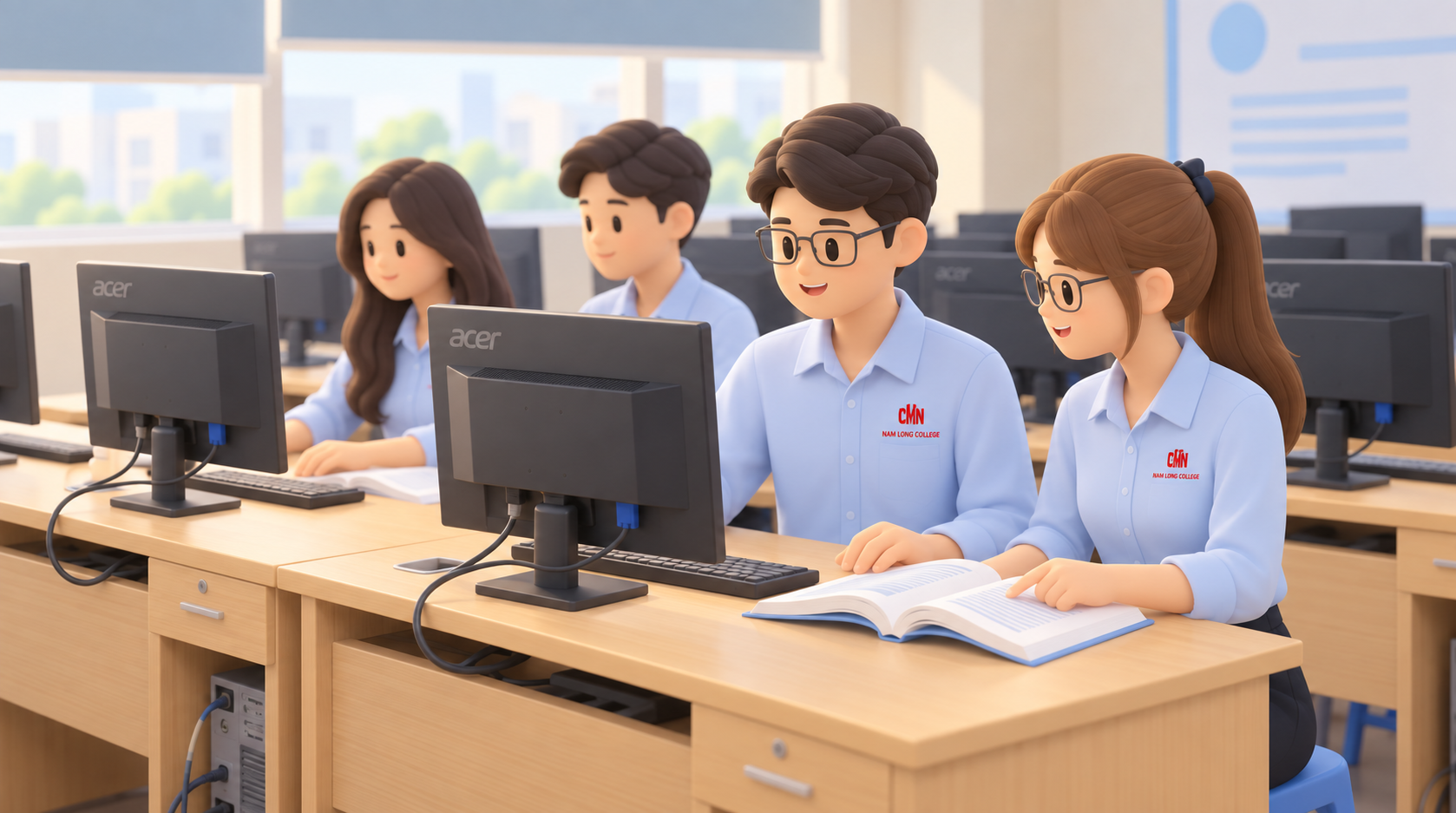 Minh họa sinh viên trải nghiệm công nghệ tại phòng máy tính