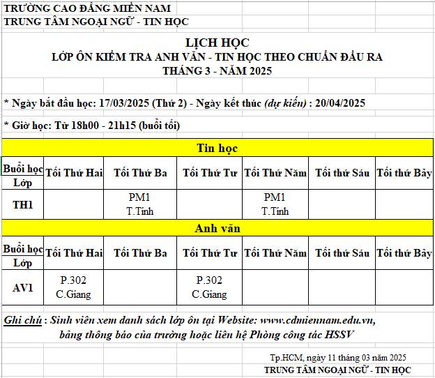 Lịch ôn Anh Văn - Tin học tháng 3 năm 2025