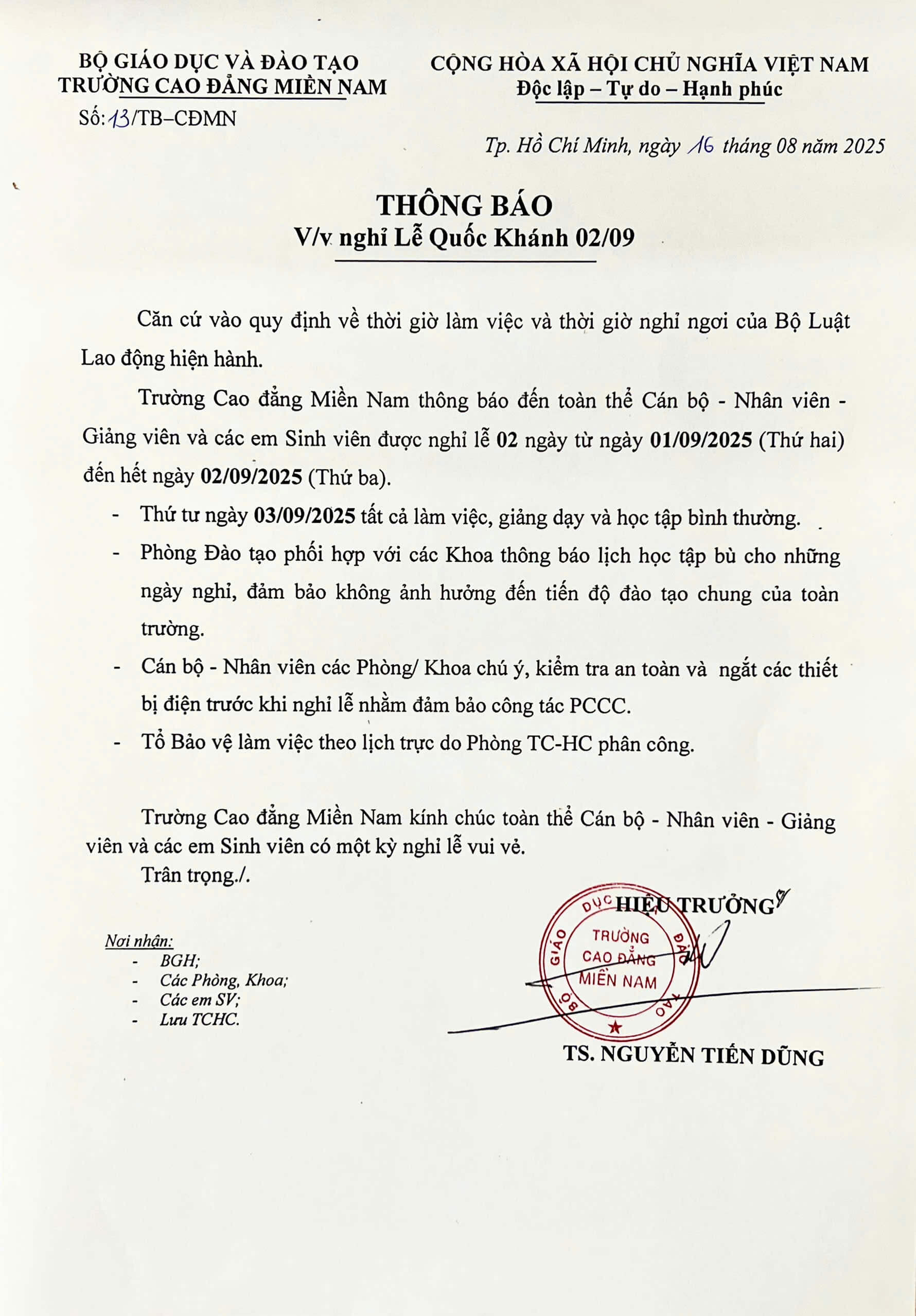 Thong bao nghi le Quoc Khanh 2/9
